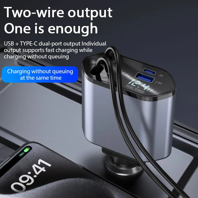 Car Charger Retractable USB Type C - / Fast Charger Cable For IPhone Xiaomi Huawei Samsung ( 4 in 1 )