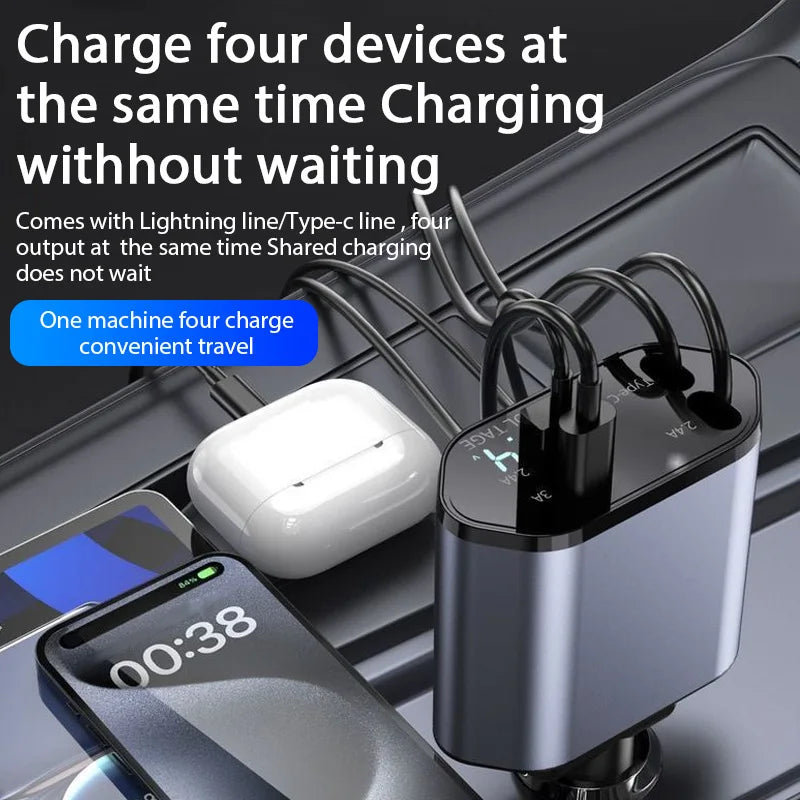 Car Charger Retractable USB Type C - / Fast Charger Cable For IPhone Xiaomi Huawei Samsung ( 4 in 1 )