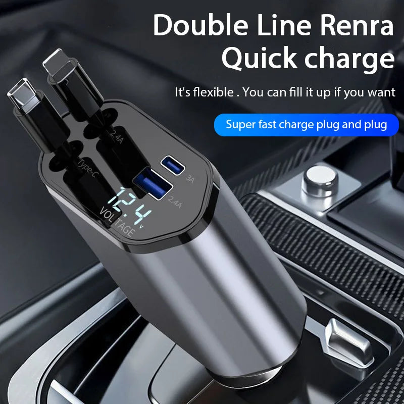 Car Charger Retractable USB Type C - / Fast Charger Cable For IPhone Xiaomi Huawei Samsung ( 4 in 1 )