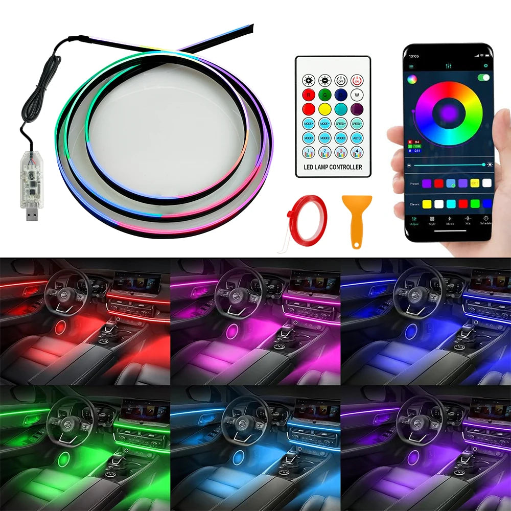 Car Ambient Lights RGB 64 Color Universal LED Interior Hidden Under Acrylic Strip Symphony Atmosphere Lamp 43.31 inch Streamer