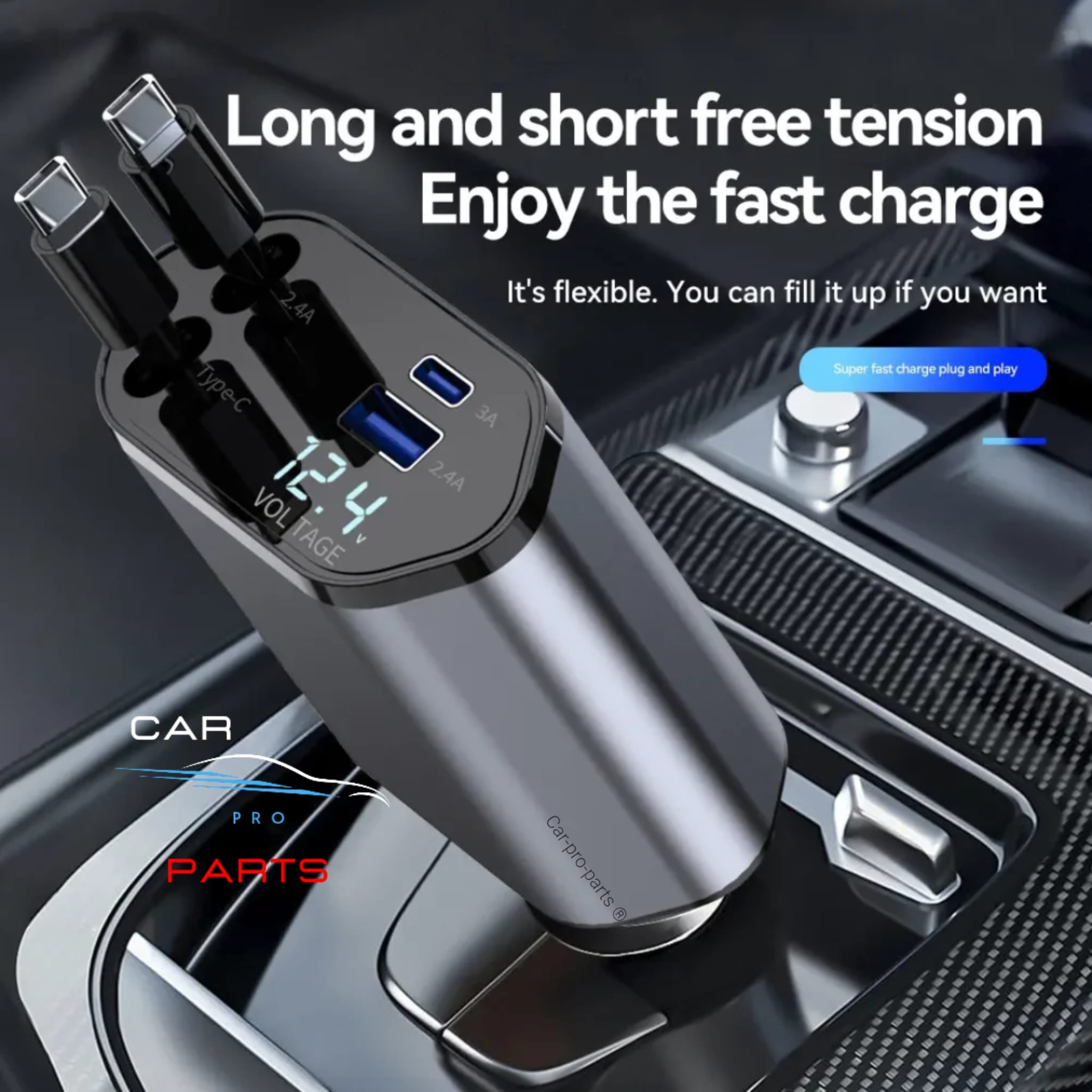 Car Charger Retractable USB Type C - / Fast Charger Cable For IPhone Xiaomi Huawei Samsung ( 4 in 1 )